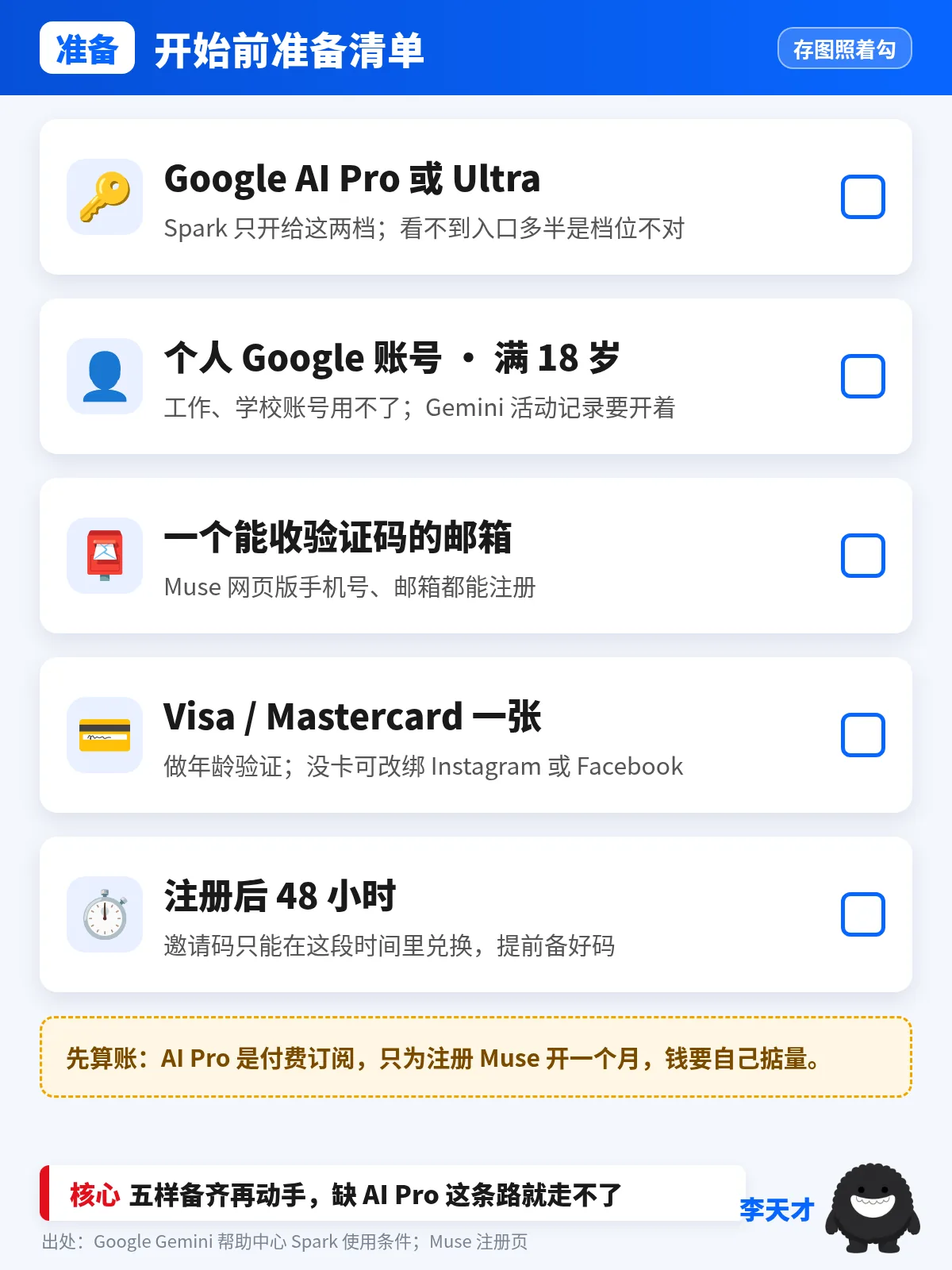 开始前准备清单：Google AI Pro 或 Ultra、个人 Google 账号且满 18 岁、一个能收验证码的邮箱、Visa 或 Mastercard 一张、注册后 48 小时内兑换邀请码